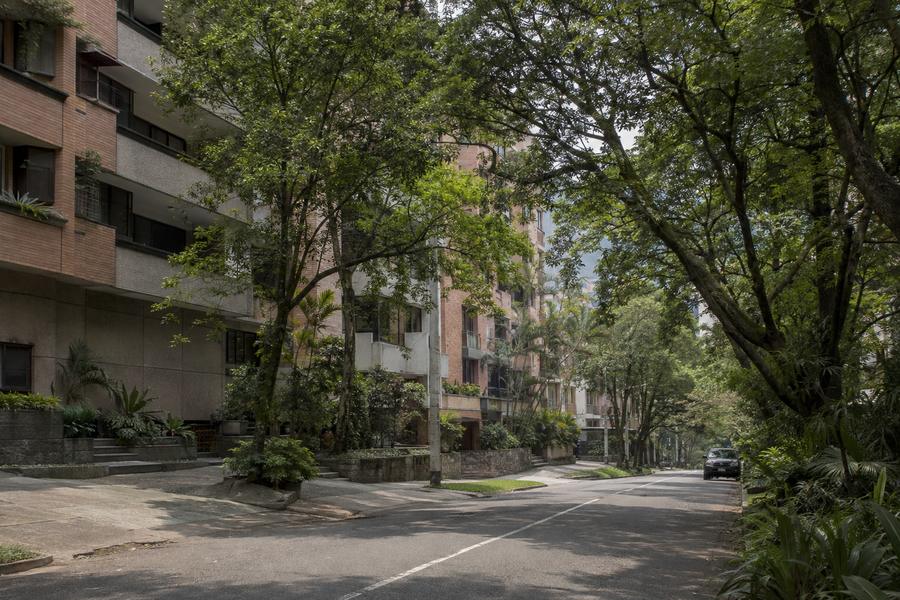 A leafy residential street on a gentle gradient, brick apartment buildings set back behind planting.
